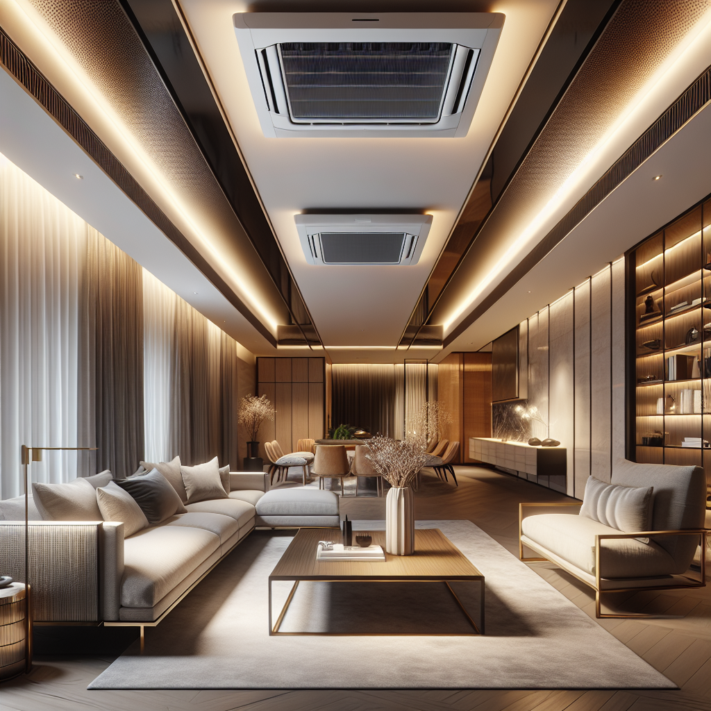 Moderne woonkamer met discrete plafond-airco, warme verlichting en stijlvolle neutrale meubels