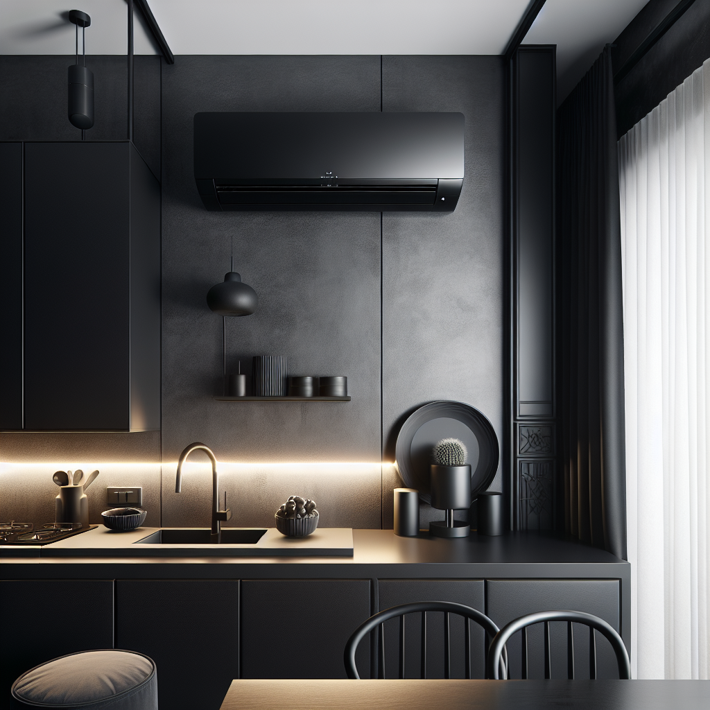 Moderne designkeuken met discrete mat zwarte split-unit airco geïntegreerd in donkere wandbekleding