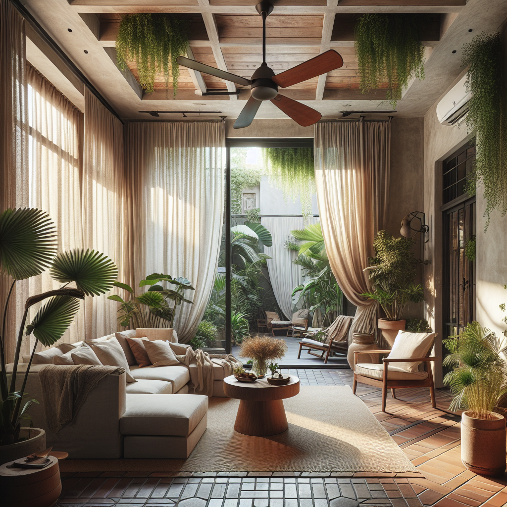 Mediterrane woonkamer met plafondventilator, linnen gordijnen, terracotta vloer en planten als natuurlijke koeling