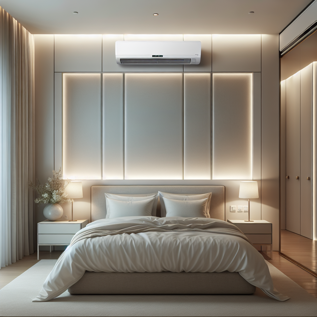 Moderne slaapkamer met verborgen airco achter decoratief wandpaneel in witte en beige tinten