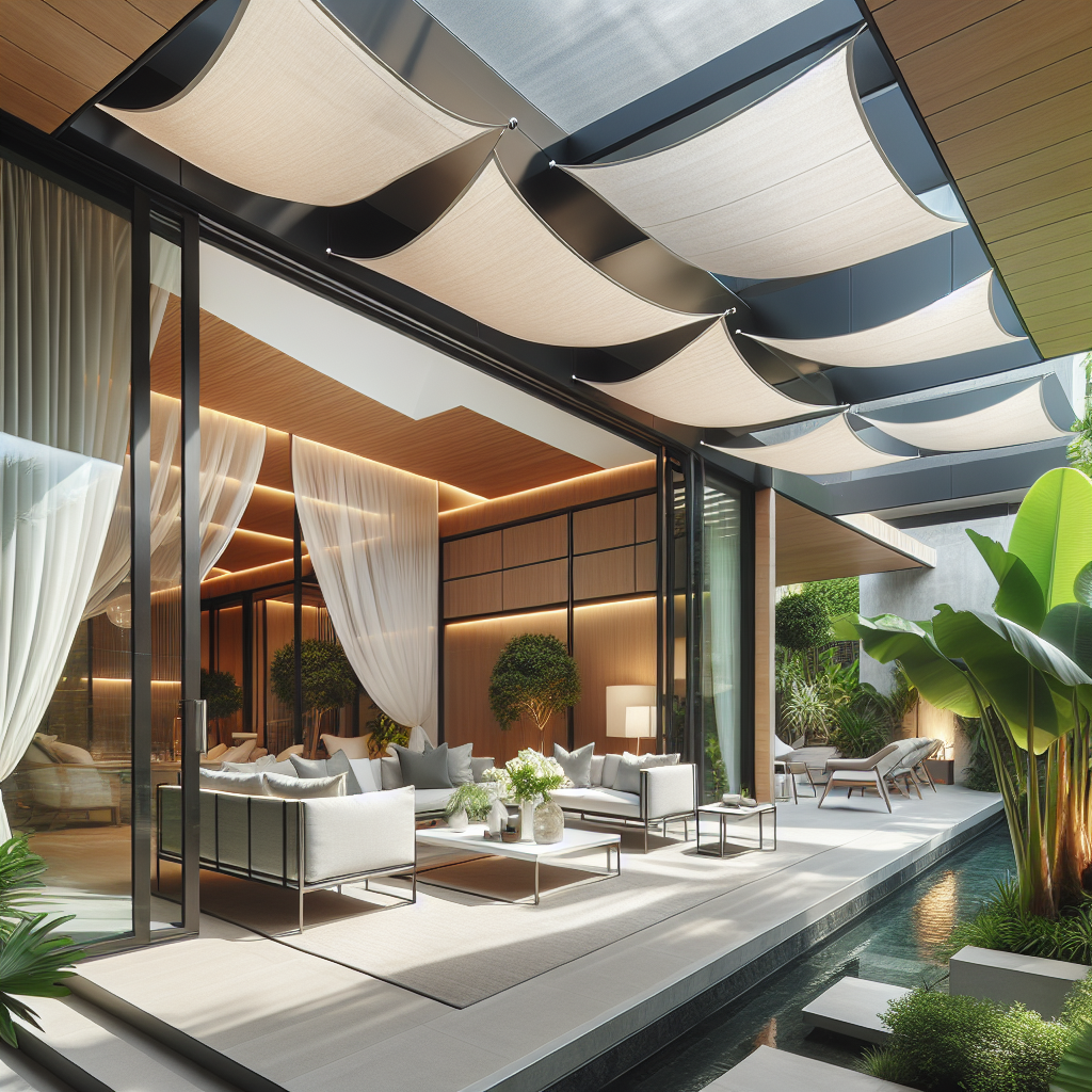 Moderne woonkamer met open schuifpuien naar overdekte terras, natuurlijke ventilatie en schaduw als airco-alternatief