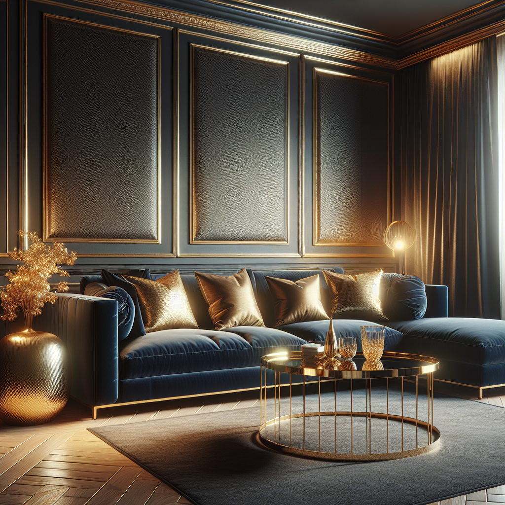 Luxueuze woonkamer met donkerblauwe fluwelen bank, gouden salontafel en decoratieve kussens in warme verlichting