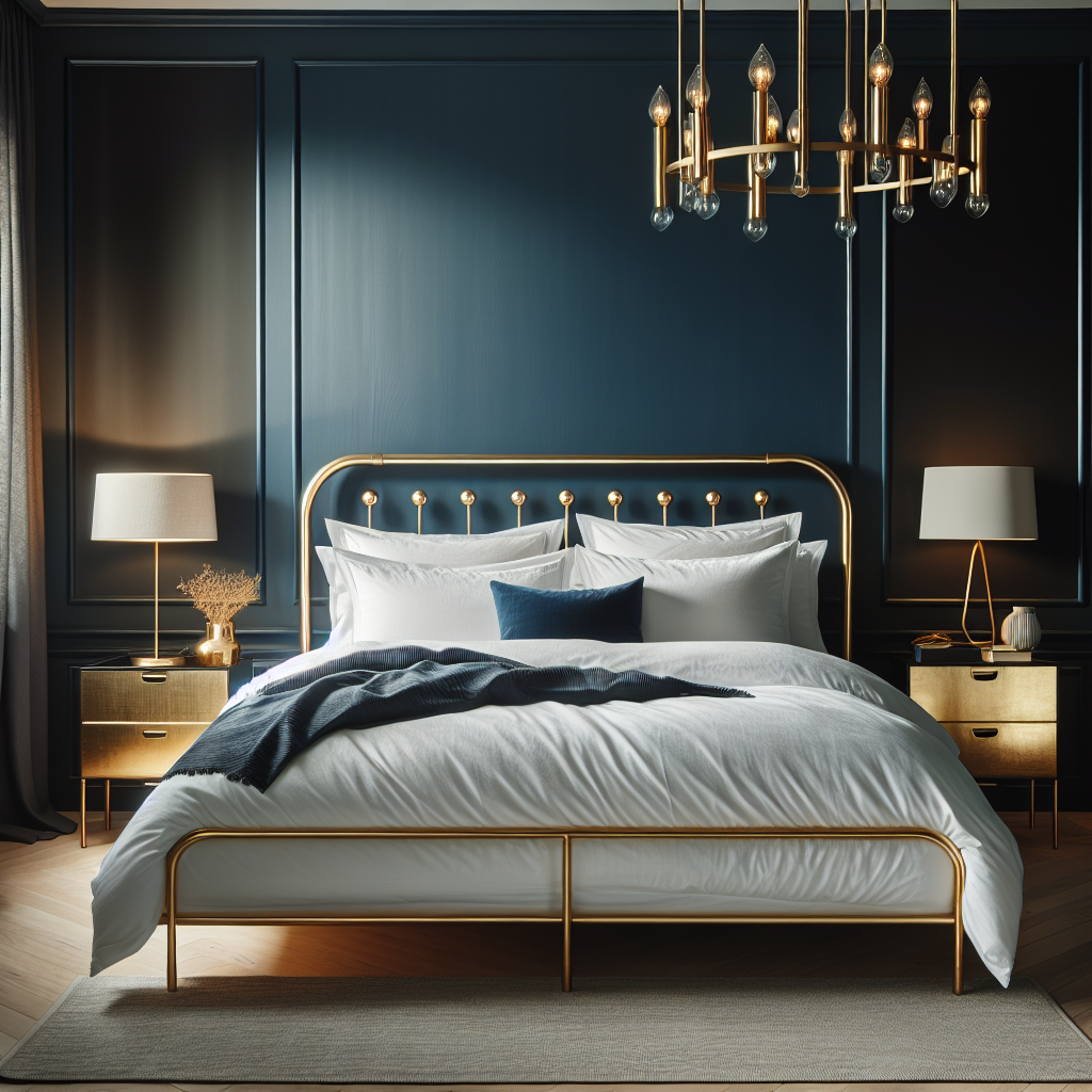 Elegante slaapkamer met donkerblauwe muren, gouden bedframe, witte beddengoed en gouden nachtkastjes