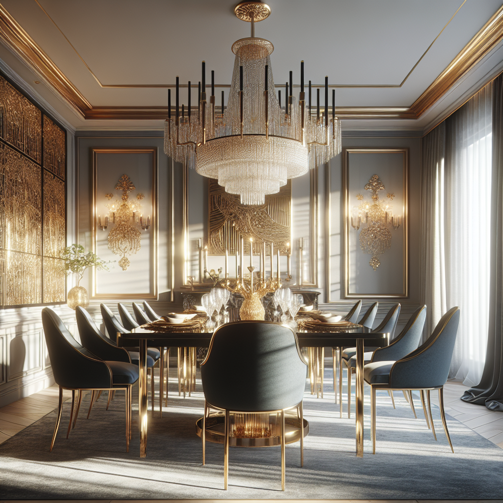 Elegante eetkamer met donkerblauwe tafel, gouden stoelen, kristallen kroonluchter en gouden wanddecoratie