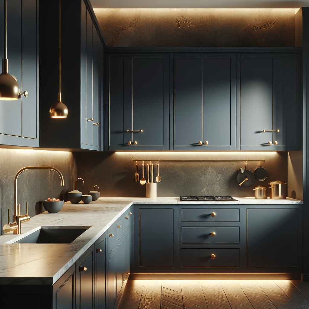 Moderne keuken met donkerblauwe kasten, gouden handgrepen en kranen, marmeren werkblad en warme verlichting