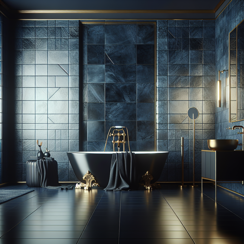 Luxe badkamer met donkerblauwe tegels, gouden kranen en accessoires, en een wit vrijstaand bad