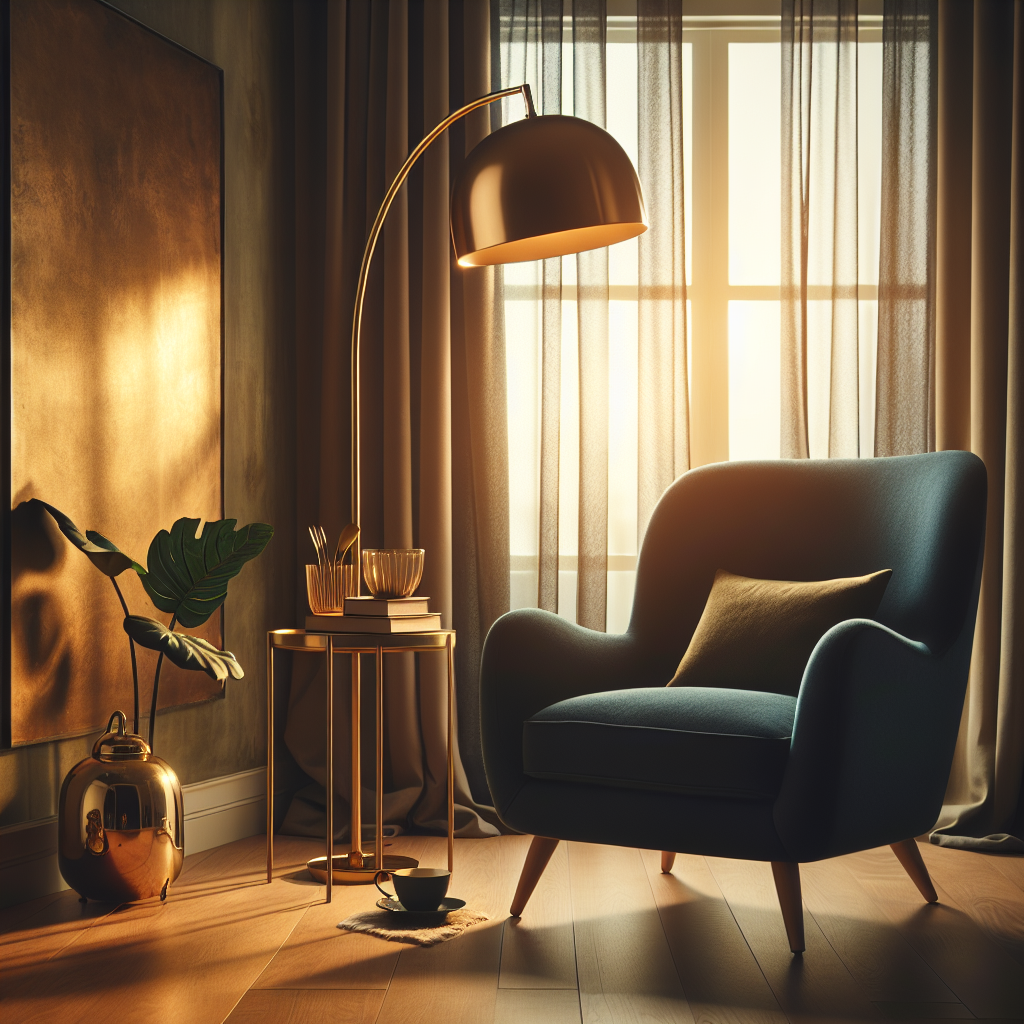 Gezellige leeshoek met donkerblauwe fauteuil, gouden vloerlamp en bijzettafel in warme, natuurlijke verlichting