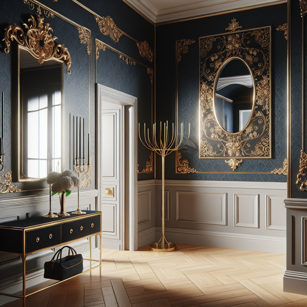 Stijlvolle hal met donkerblauw behang, gouden spiegel en kapstok als elegante interieurcombinatie