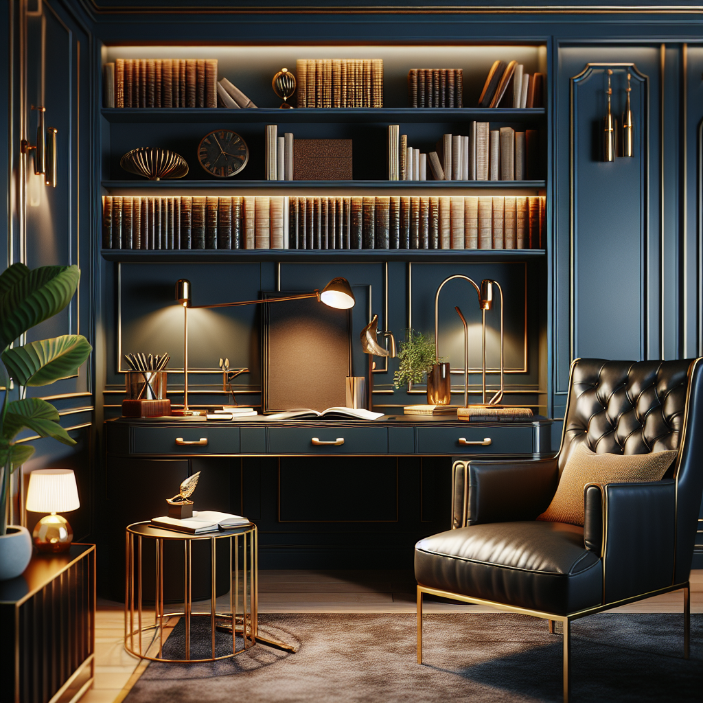 Elegante studeerkamer met donkerblauwe boekenkast, gouden bureauaccessoires en leren fauteuil in warme sfeerverlichting
