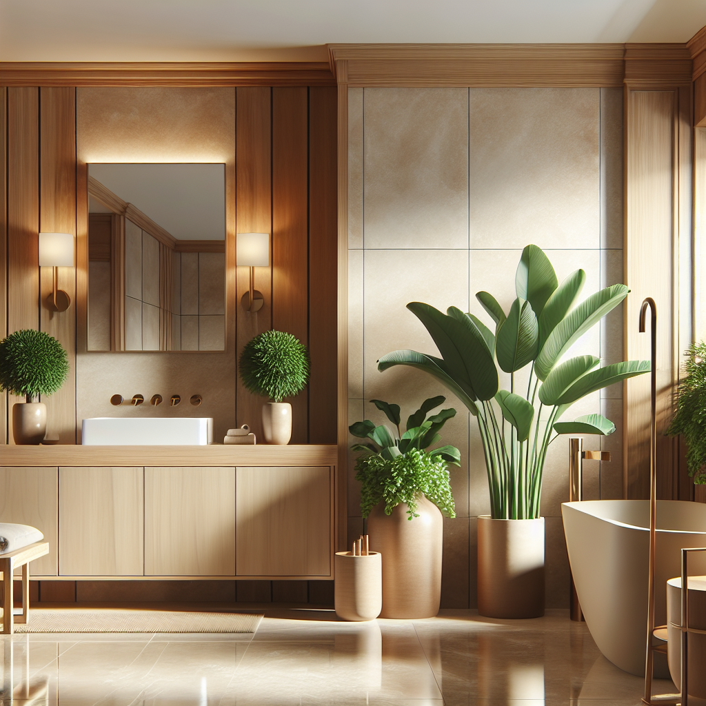 Stijlvolle badkamer met warme houtaccenten, beige tinten en groene planten voor natuurlijke feng shui harmonie