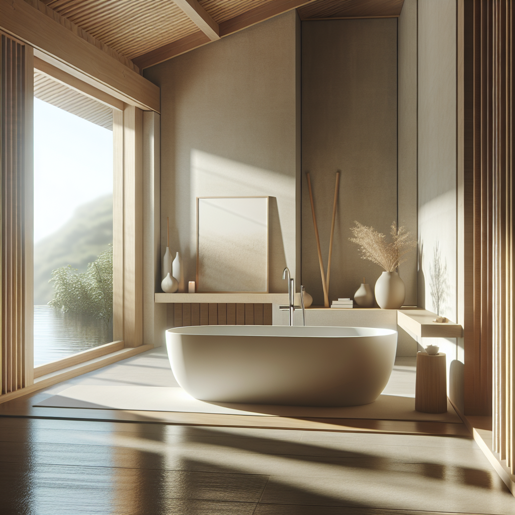 Zen-achtige badkamer met vrijstaand bad, groot raam met natuurlijk licht en minimalistisch design in neutrale tinten