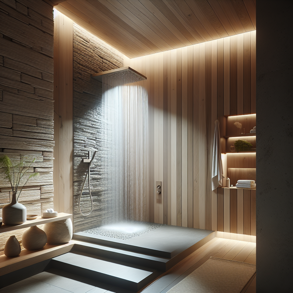 Luxe spa-badkamer met natuurlijke hout- en steenelementen, waterval-douche en warme indirecte verlichting
