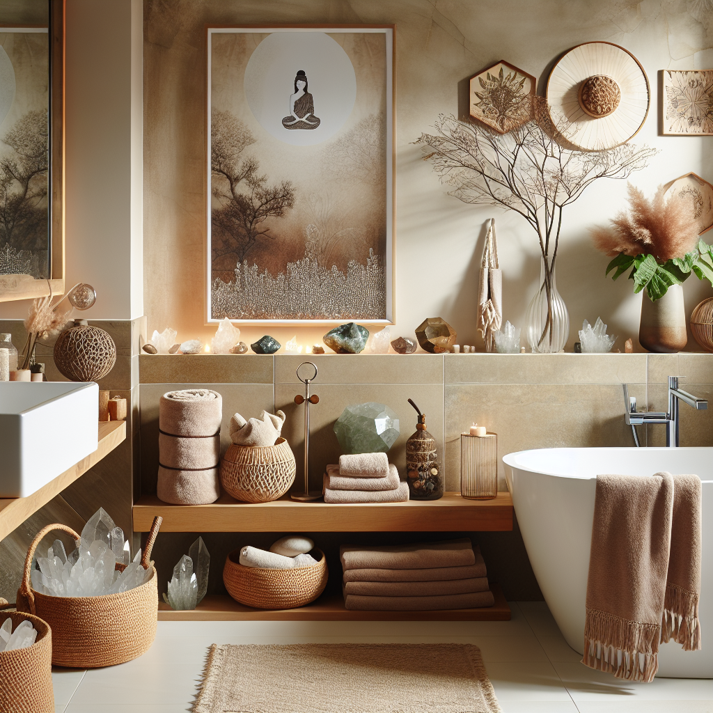 Moderne badkamer met feng shui elementen, kristallen decoraties, aardse handdoeken en opgeruimde inrichting