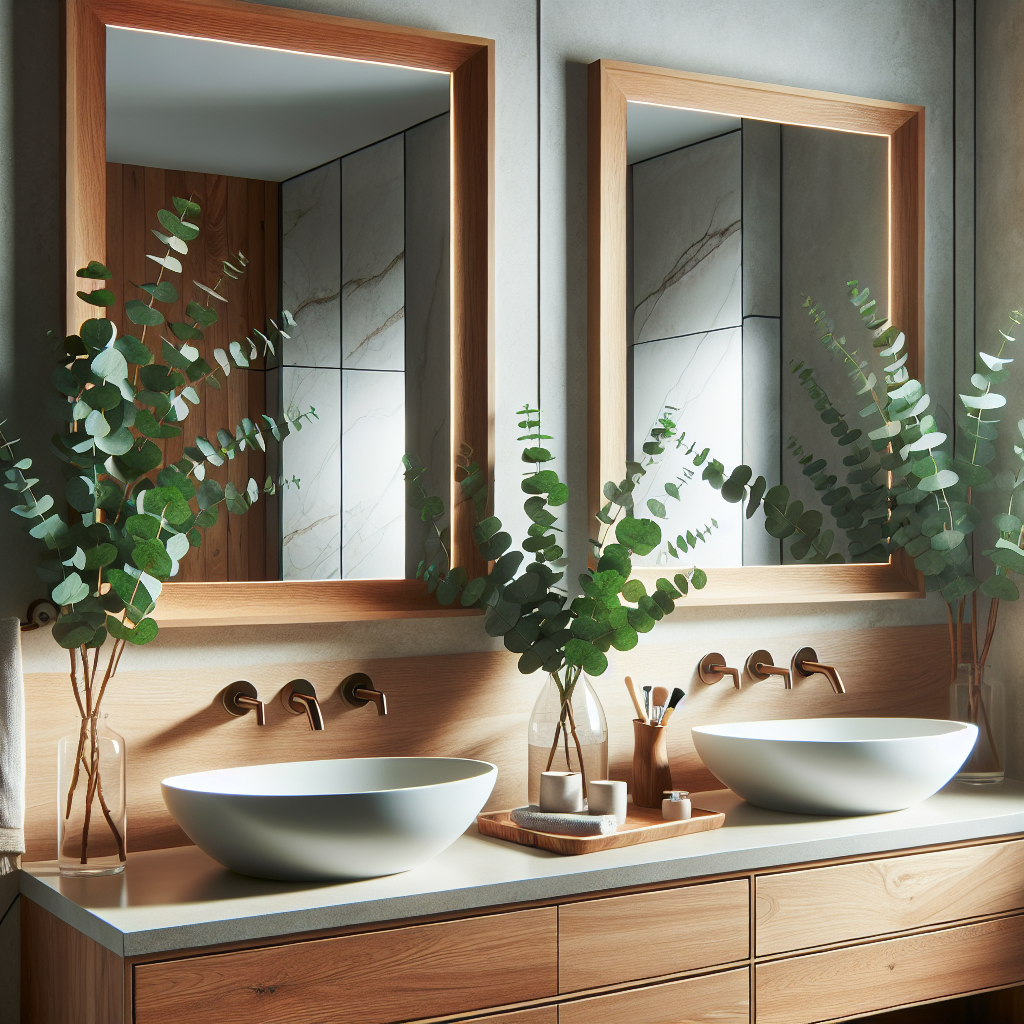 Moderne badkamer met dubbele natuurstenen wastafels, houten spiegels en eucalyptus takken voor feng shui harmonie