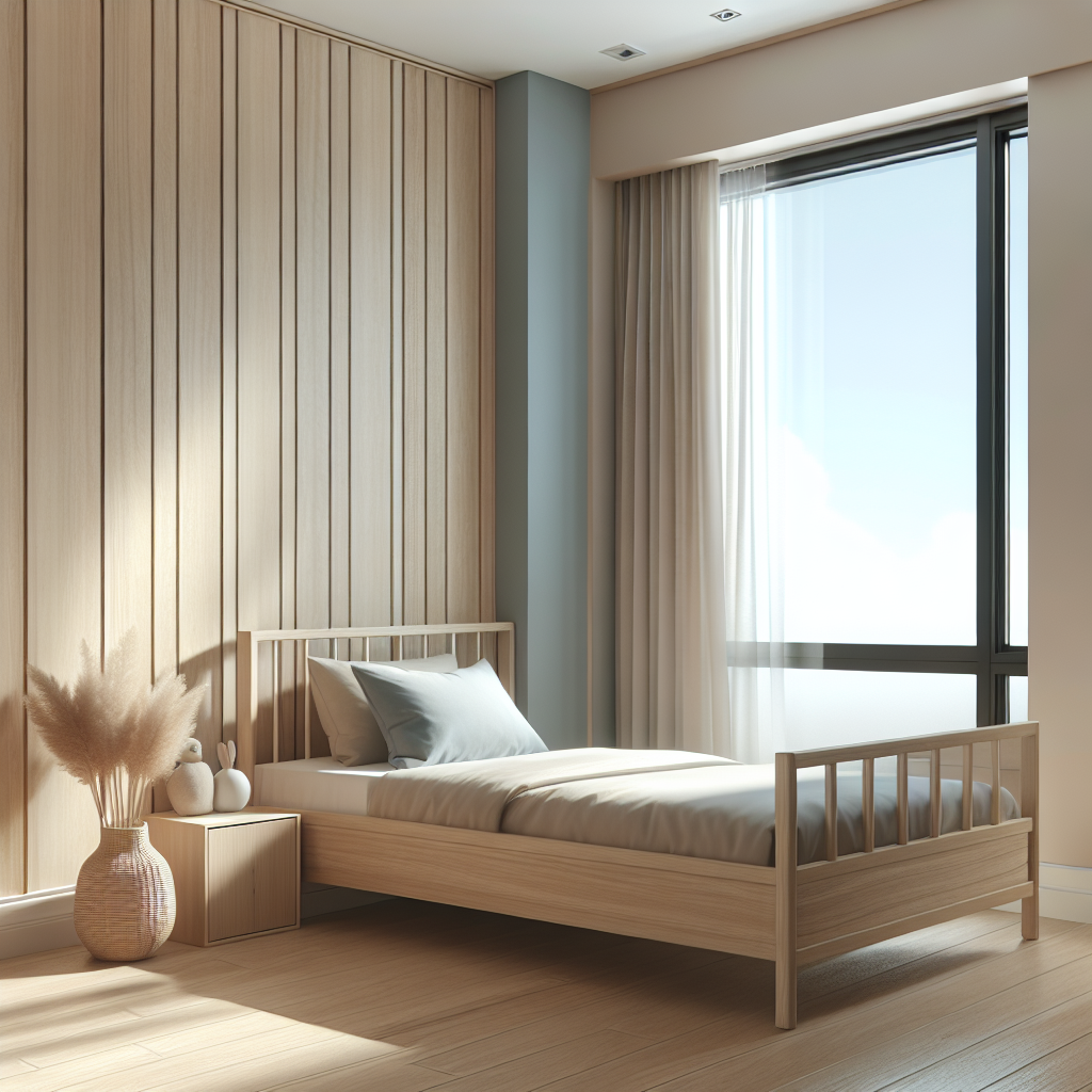 Kinderslaapkamer met houten bed tegen de muur, pasteltinten in blauw en beige, natuurlijk licht door grote ramen