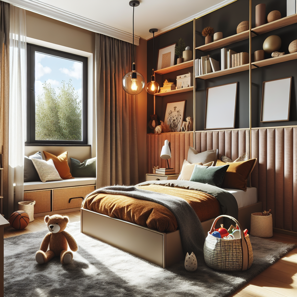 Kinderkamer met bed in commanding position, warme aardtinten, leeshoek bij raam en georganiseerde speelgoedopslag