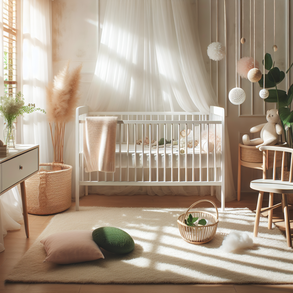 Serene babykamer met wit ledikant, zachte groene en roze tinten, natuurlijke materialen en gefilterd zonlicht