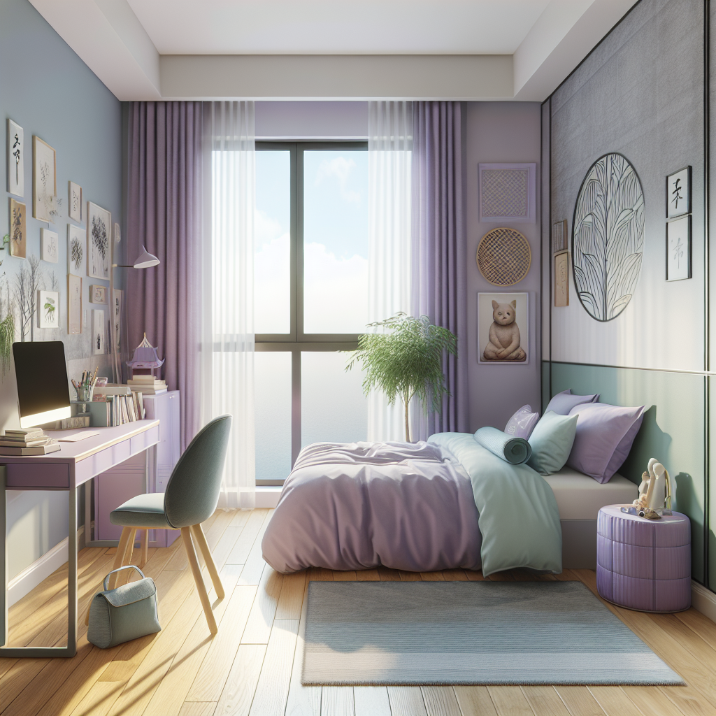 Tienerslaapmkamer met feng shui indeling, bureau bij raam, lavendel en mint tinten, rustige elektronicavrije slaapzone