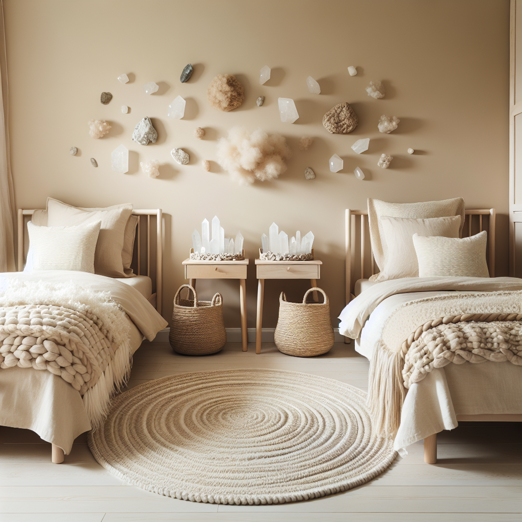 Gezellige kinderkamer met twee symmetrisch geplaatste bedden in neutrale beige tinten en zachte natuurlijke texturen