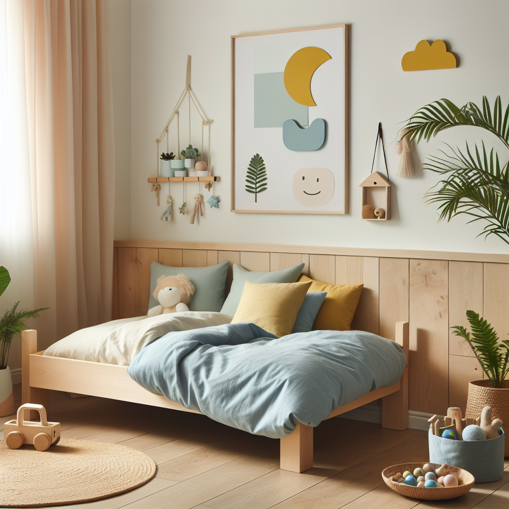 Stijlvolle peuterkamer met laag bed, zachte geel-blauwe tinten, opgeruimd houten speelgoed en planten voor harmonieuze sfeer