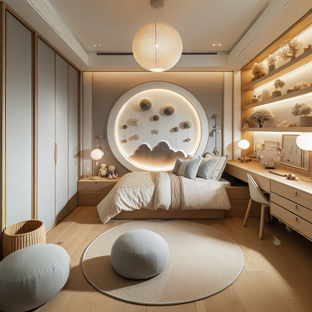 Kinderslaapkamer met ronde meubels, zachte verlichting en georganiseerde kast volgens feng shui principes