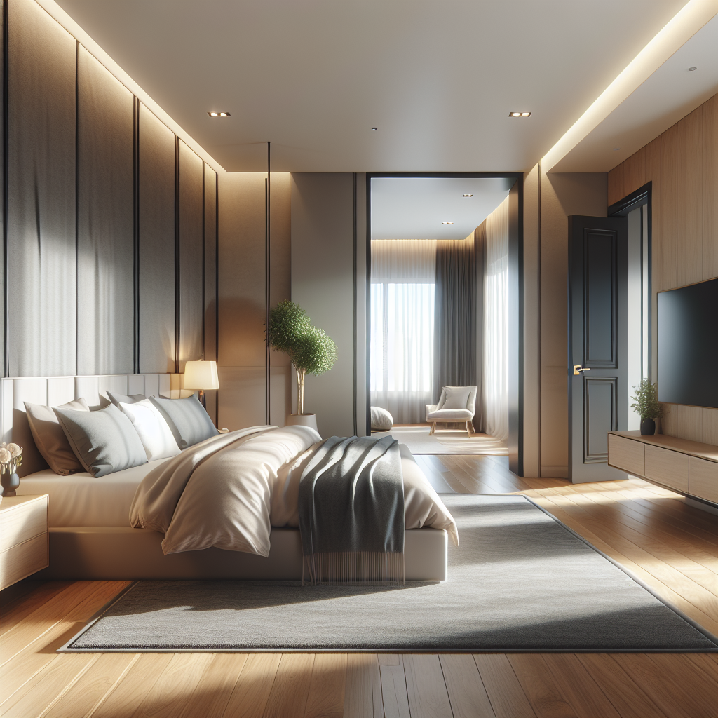 Serene slaapkamer met bed diagonaal geplaatst tegenover de deur, neutrale tinten en natuurlijk licht door grote ramen