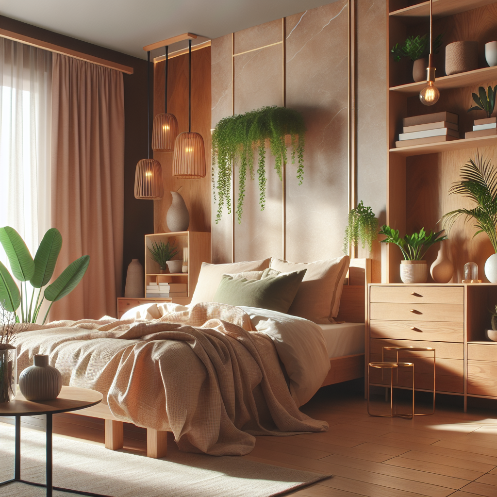 Serene feng shui slaapkamer met houten meubels, groene planten, warme aardtinten en zachte verlichting
