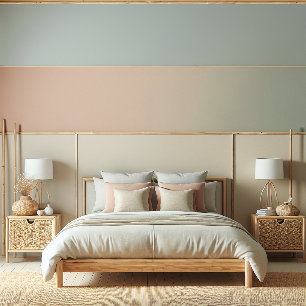 Harmonische slaapkamer met bed tegen muur, zachte pasteltinten, natuurlijke materialen en symmetrische nachtkastjes