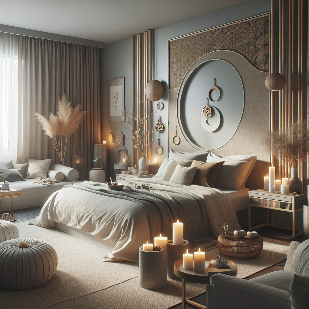 Rustige slaapkamer met gedempte kleuren, opgeruimde ruimte, zachte texturen en kaarsen volgens feng shui principes