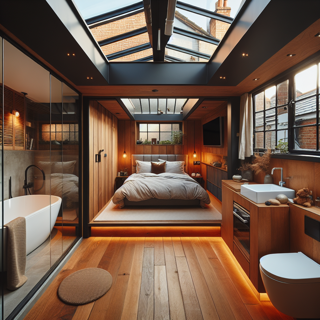 Moderne omgebouwde garage-slaapkamer met tweepersoonsbed, houten vloer, grote ramen en open badkamer ensuite
