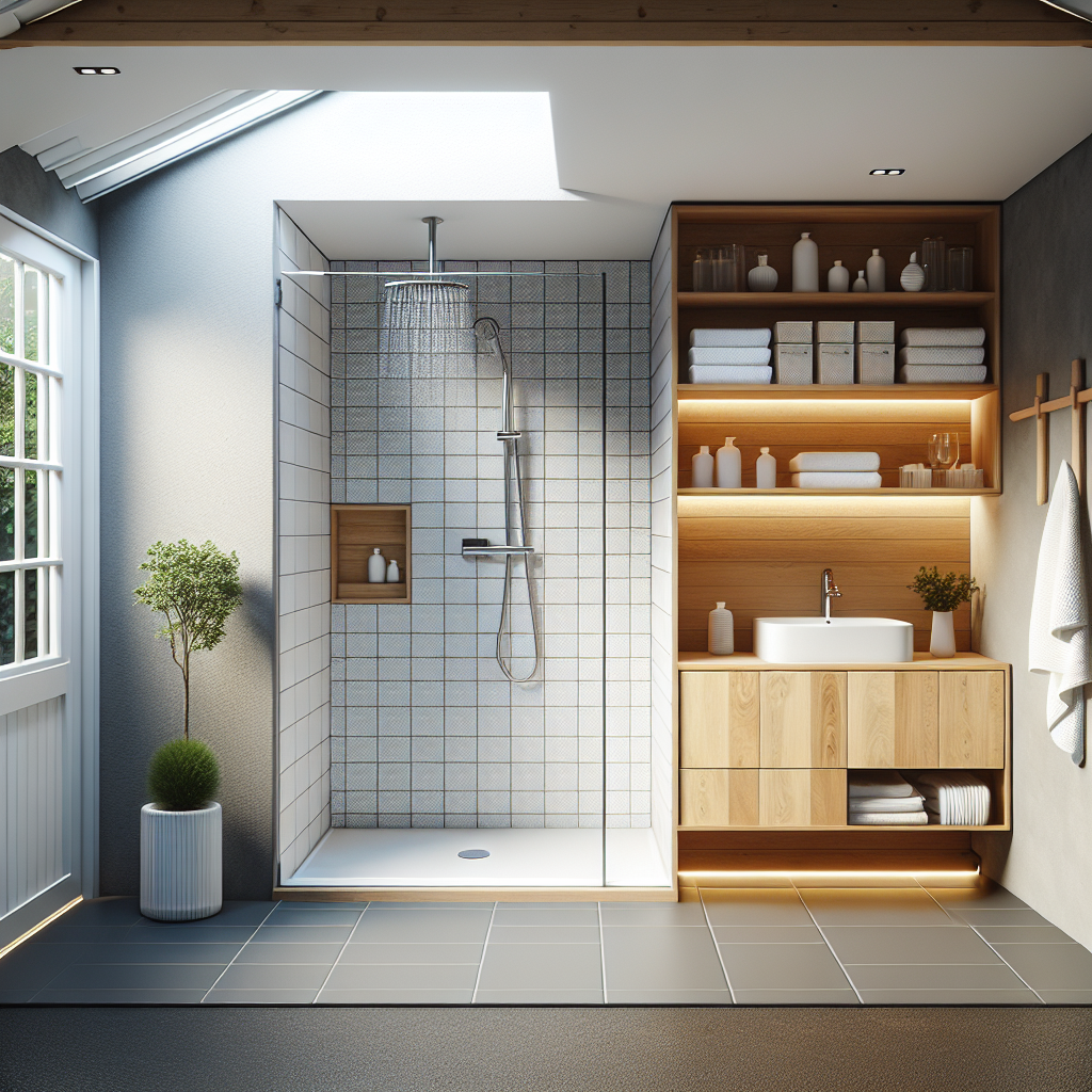 Moderne badkamer in garage-conversie met inloopdouche, houten wastafelmeubel, witte tegels en LED-verlichting