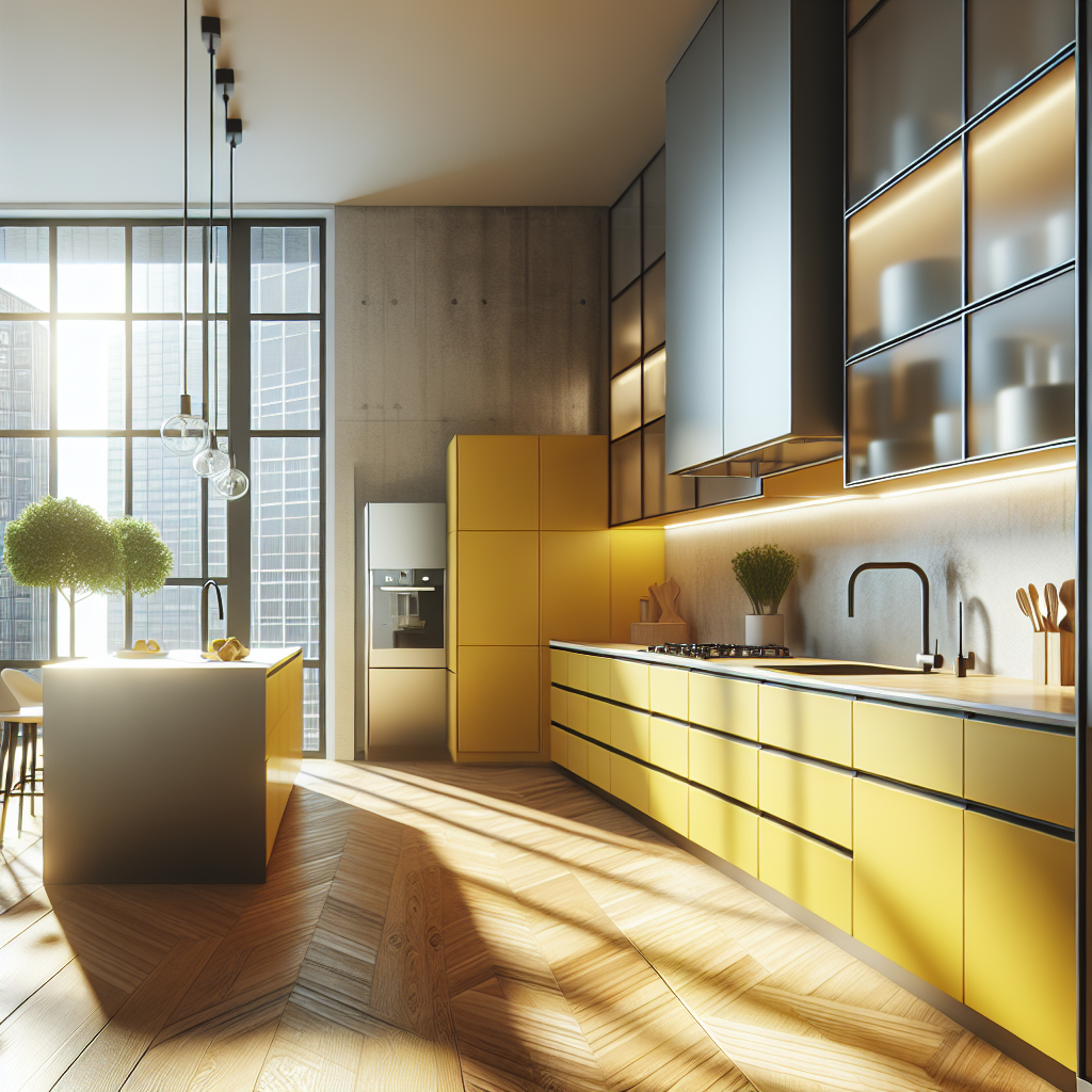 Moderne keuken met gele kastjes en witte muur, verlicht door natuurlijk licht vanuit grote ramen