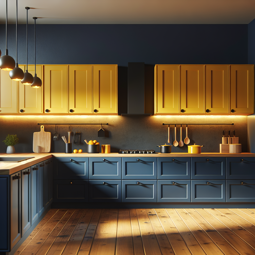 Moderne keuken met heldergele fronten, donkerblauwe accentmuur, houten werkbladen en warme verlichting