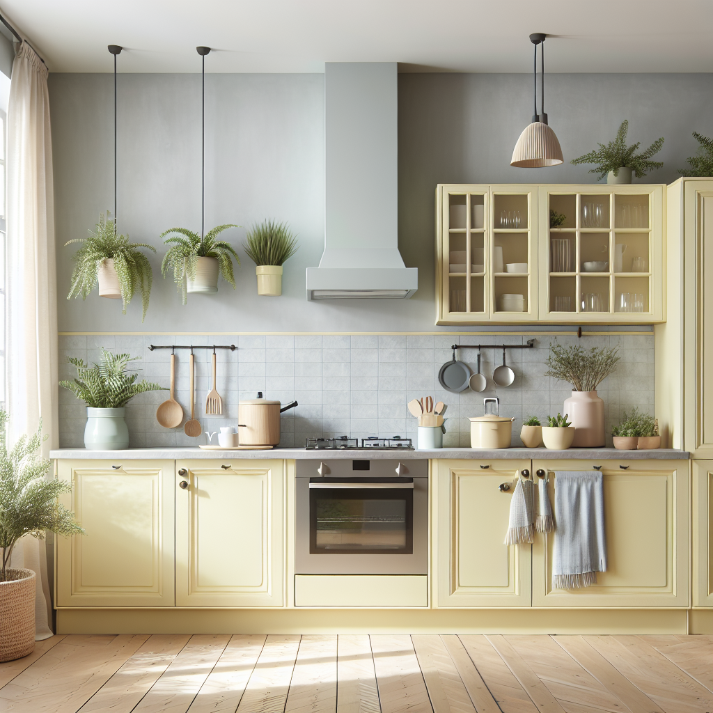 Moderne keuken met pastelgele kastjes tegen lichtgrijze muur, natuurlijk daglicht en groene planten