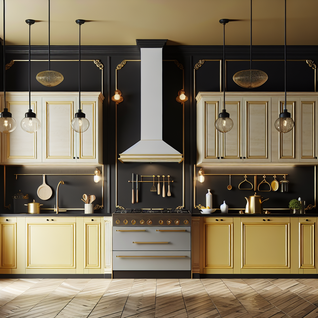 Elegante keuken met botergele kastjes tegen zwarte muur, gouden accenten en stijlvolle verlichting
