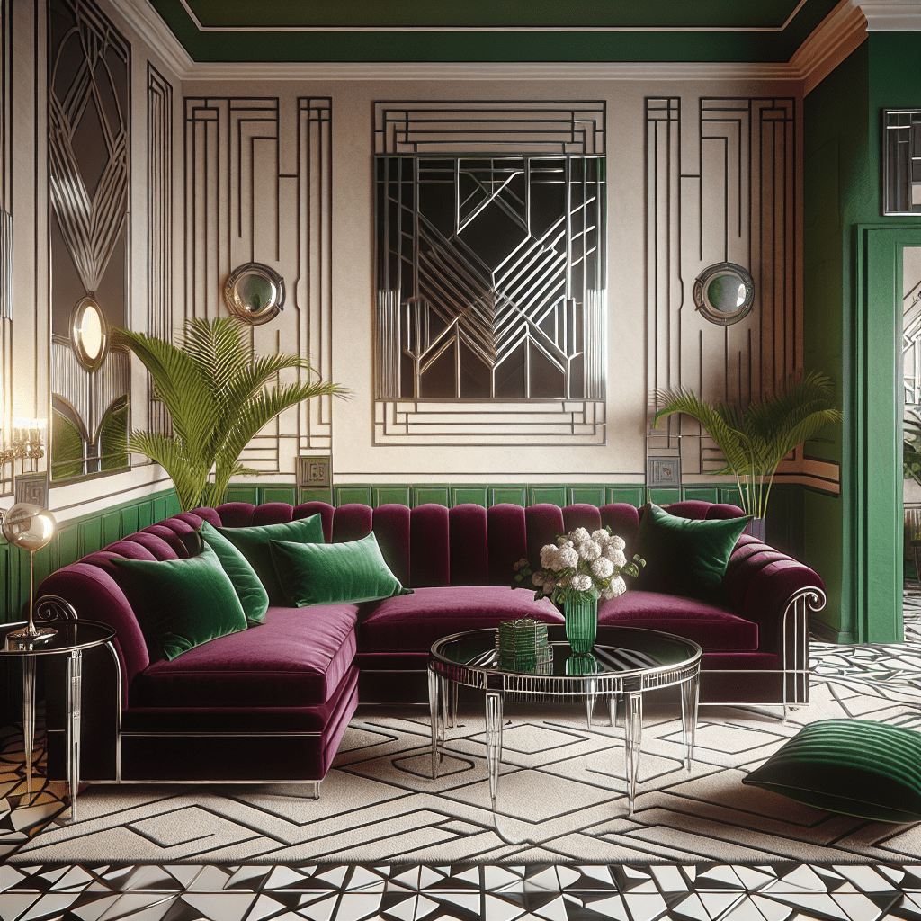 Jaren 30 woonkamer met bordeaux velours bank, smaragdgroene accenten, geometrische patronen en chromen art deco details