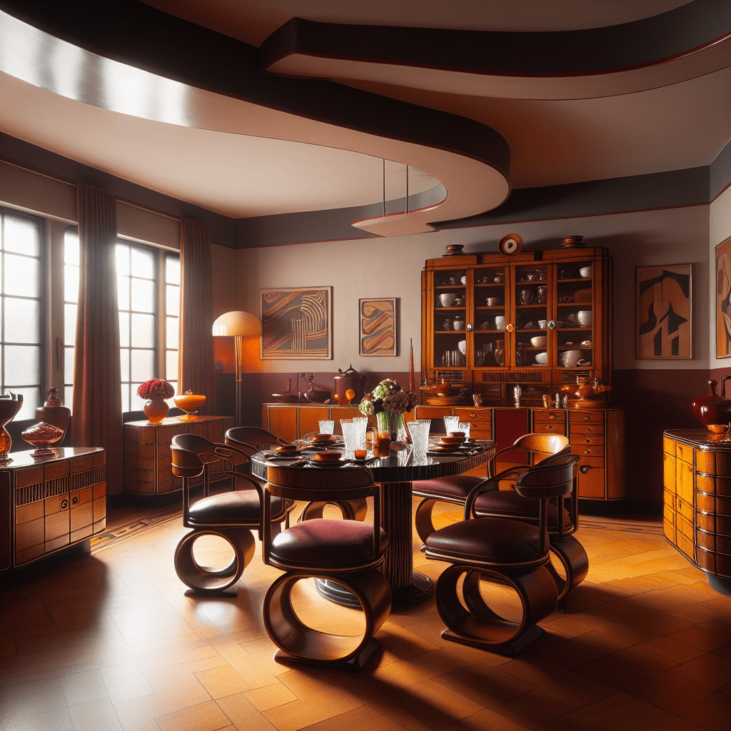 Jaren 30 eetkamer met streamlined meubels, gebogen hout, bakeliet accessoires en rijke wijnrode kleuren