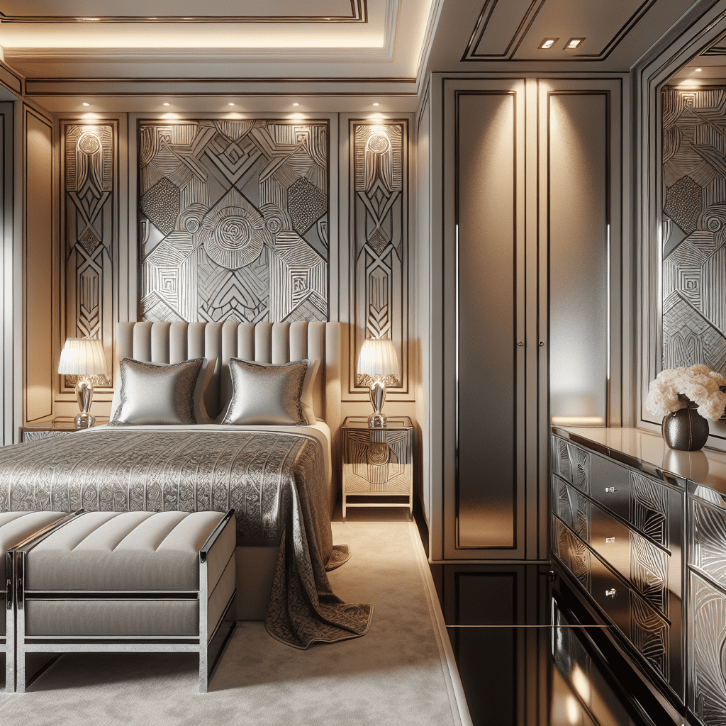 Elegante jaren 30 slaapkamer met art deco behang, chromen nachtkastjes en ingebouwde garderobekasten