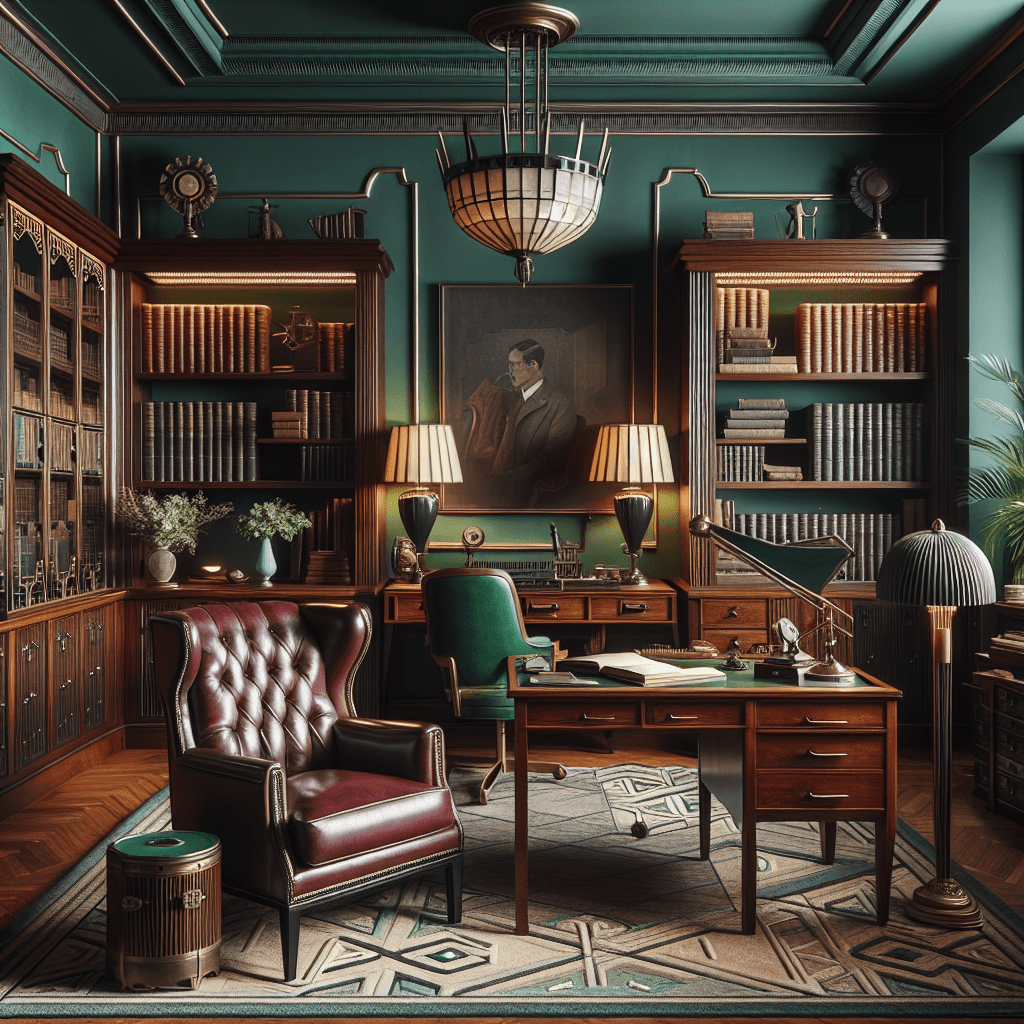 Elegante jaren 30 studeerkamer met donkerhouten meubels, bordeaux leren fauteuil en art deco lampen