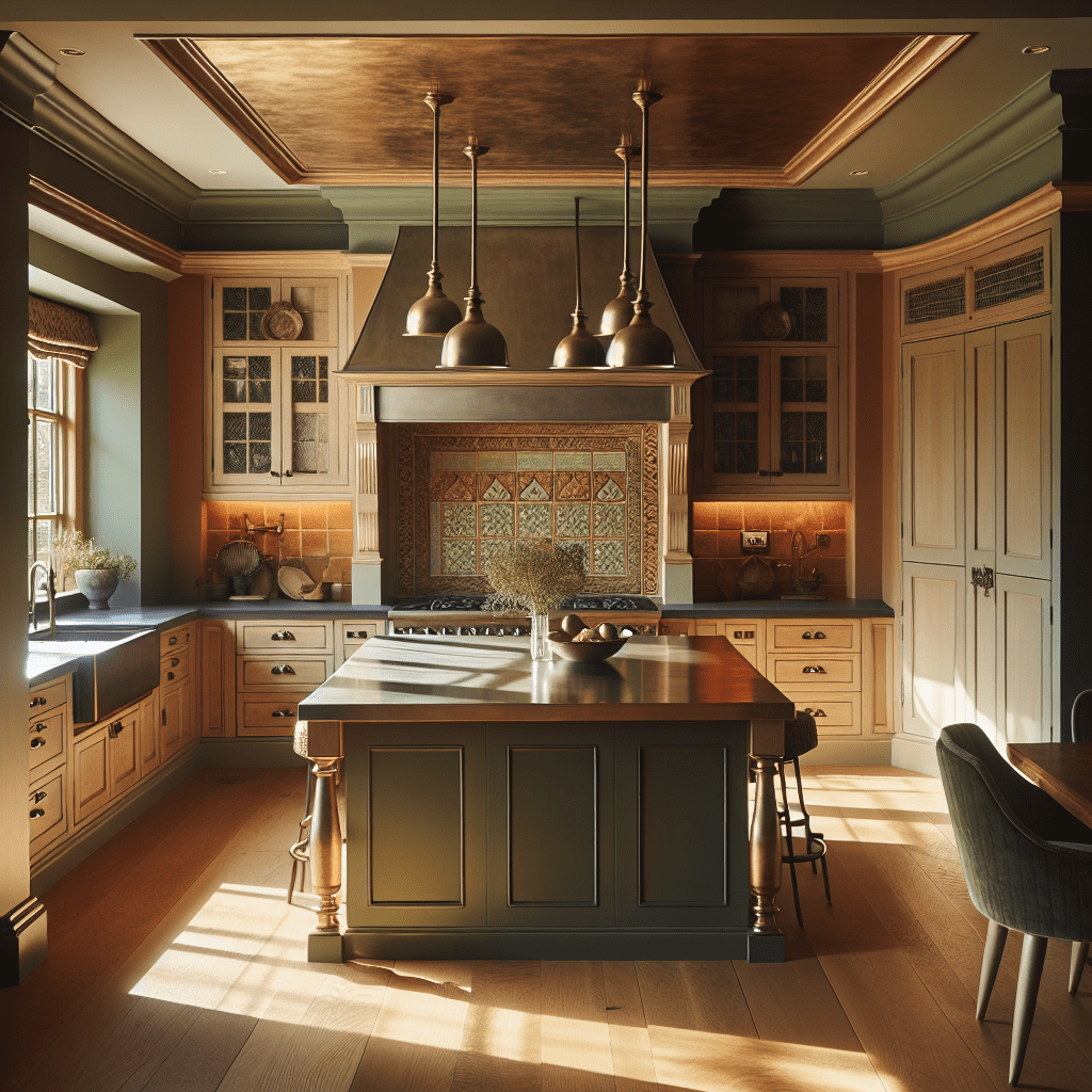 Jaren 90 keuken met lichthouten kastjes, donkergroene tegels, kookeiland met metaal en oker muren in daglicht