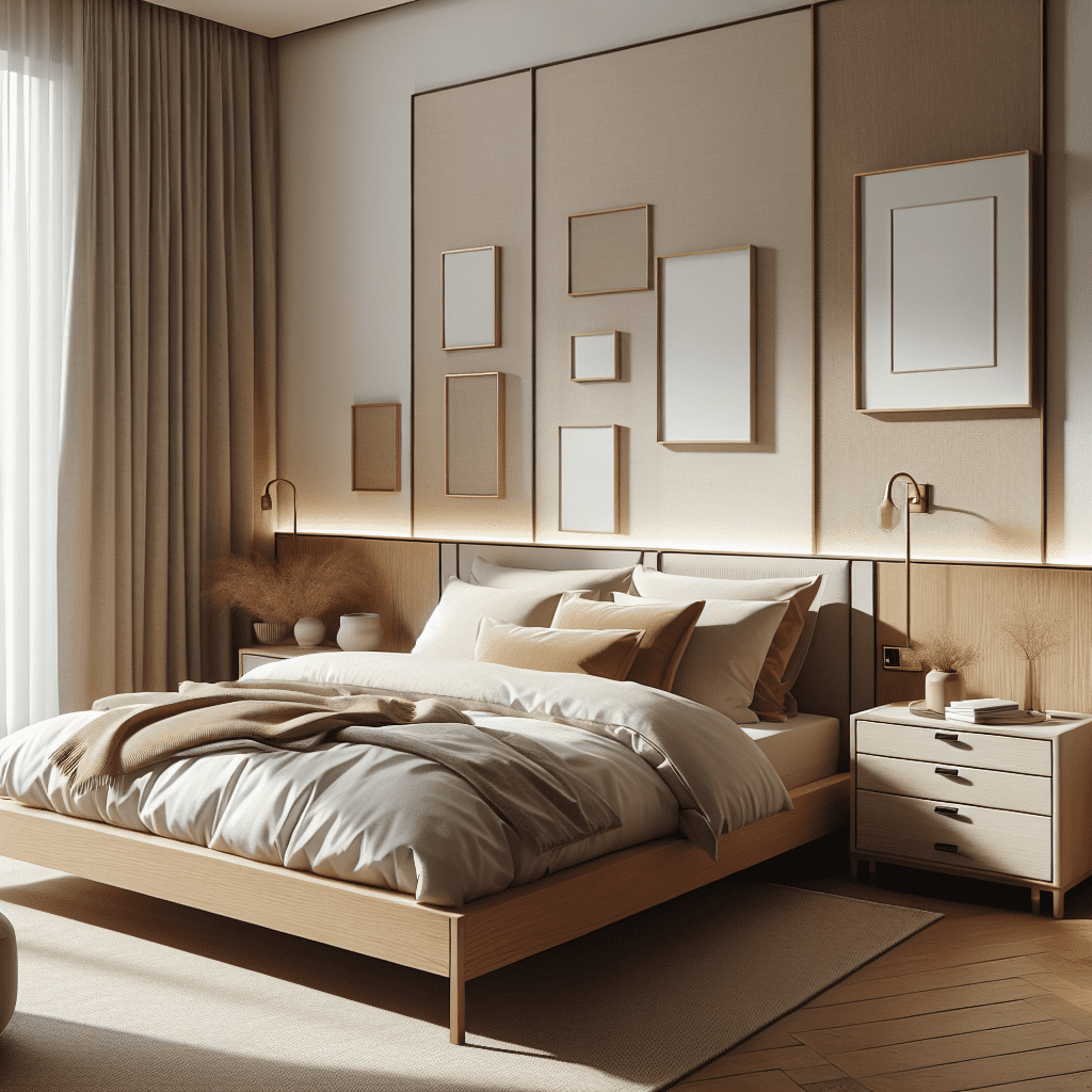 Jaren 90 slaapkamer met laag platform bed, neutrale beige tinten en houten nachtkastjes met metalen details