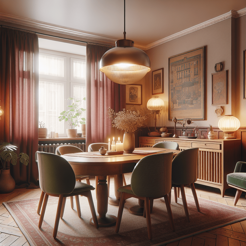 Gezellige jaren 90 eetkamer met houten tafel, saliegroen stoelen, bordeauxrode gordijnen en warme hanglamp