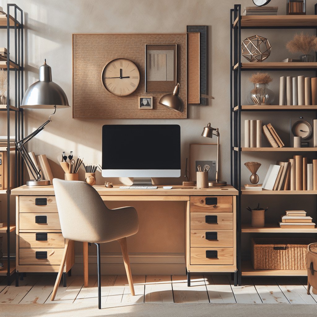 Jaren 90 thuiswerkplek met houten bureau, metalen lamp, boekenplanken en vintage computer in neutrale tinten