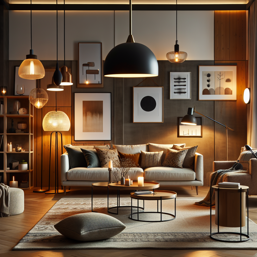 Stijlvolle woonkamer met gelaagde verlichting: hanglamp, vloerlampen en tafellampjes in gezellige avondsfeer