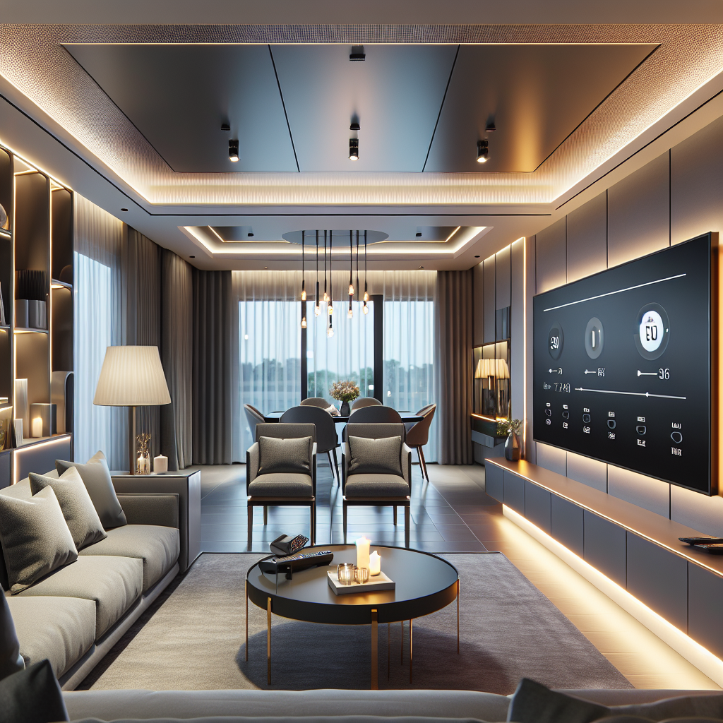 Moderne woonkamer met dimbare inbouwspots, LED-strips achter TV en warme accentverlichting, grijze meubels