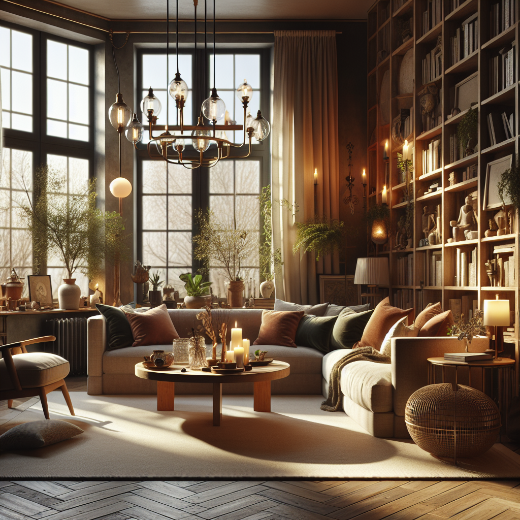 Gezellige woonkamer met grote ramen, hangende lampen en kaarsen, comfortabele zithoek in warme kleuren