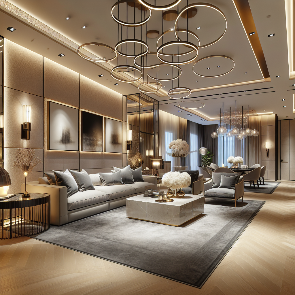 Luxe woonkamer met ingebouwde spots, hanglampen en indirecte wandverlichting in stijlvolle inrichting