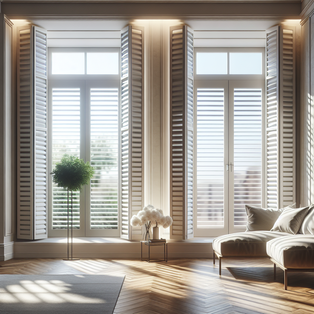 Moderne woonkamer met witte houten louvre luiken voor grote ramen, zachte lichtinval door schuine latten