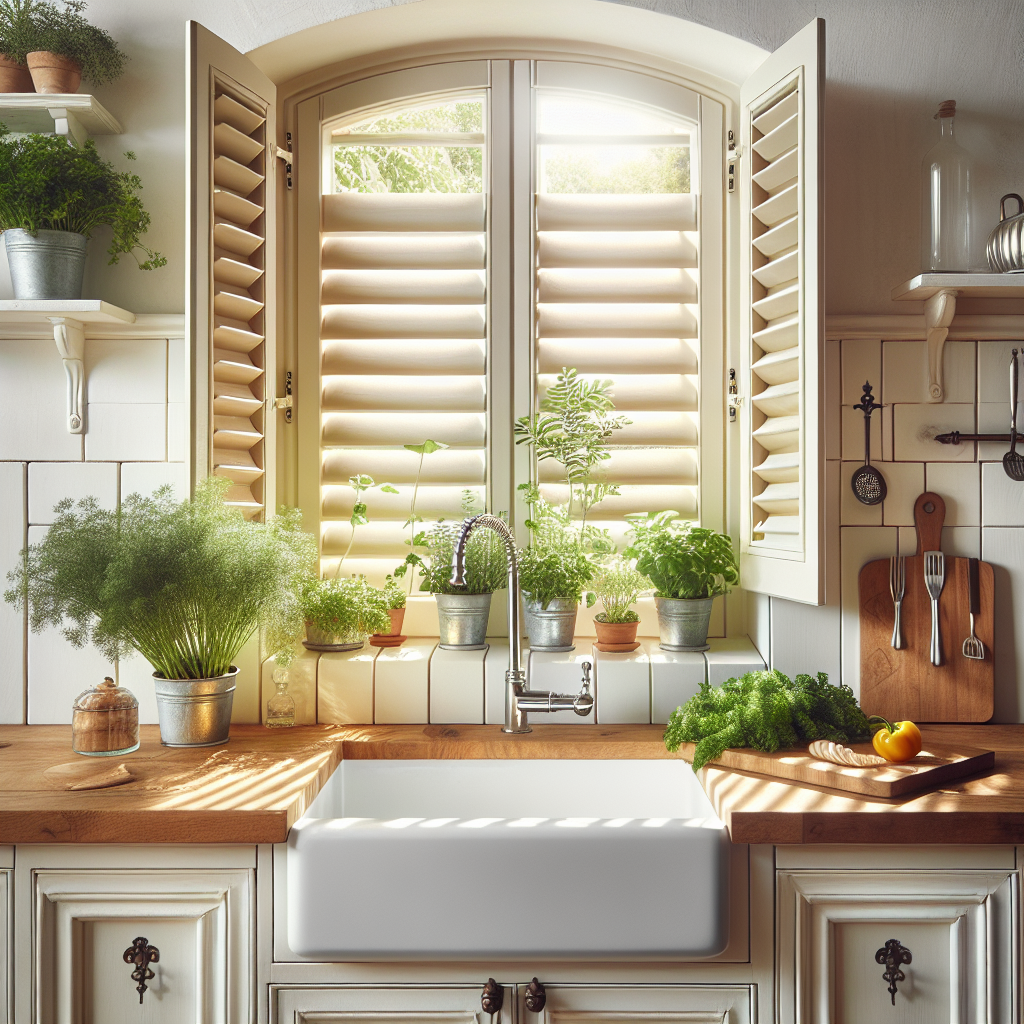 Lichte keuken met crèmekleurige louvre luiken bij het raam, houten werkbladen, witte kastjes en kruiden op vensterbank