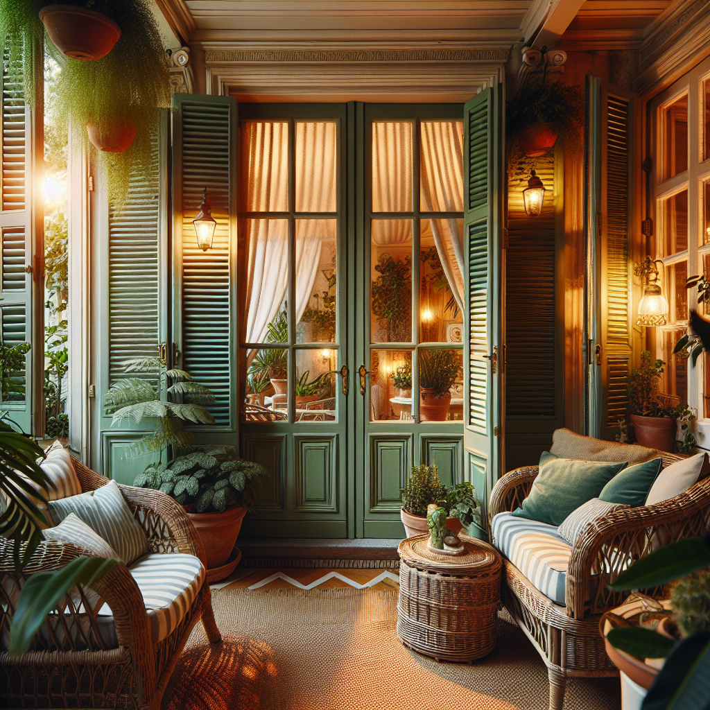 Gezellige tuinkamer met groene houten louvre luiken, rieten meubels en warme avondverlichting door de latten